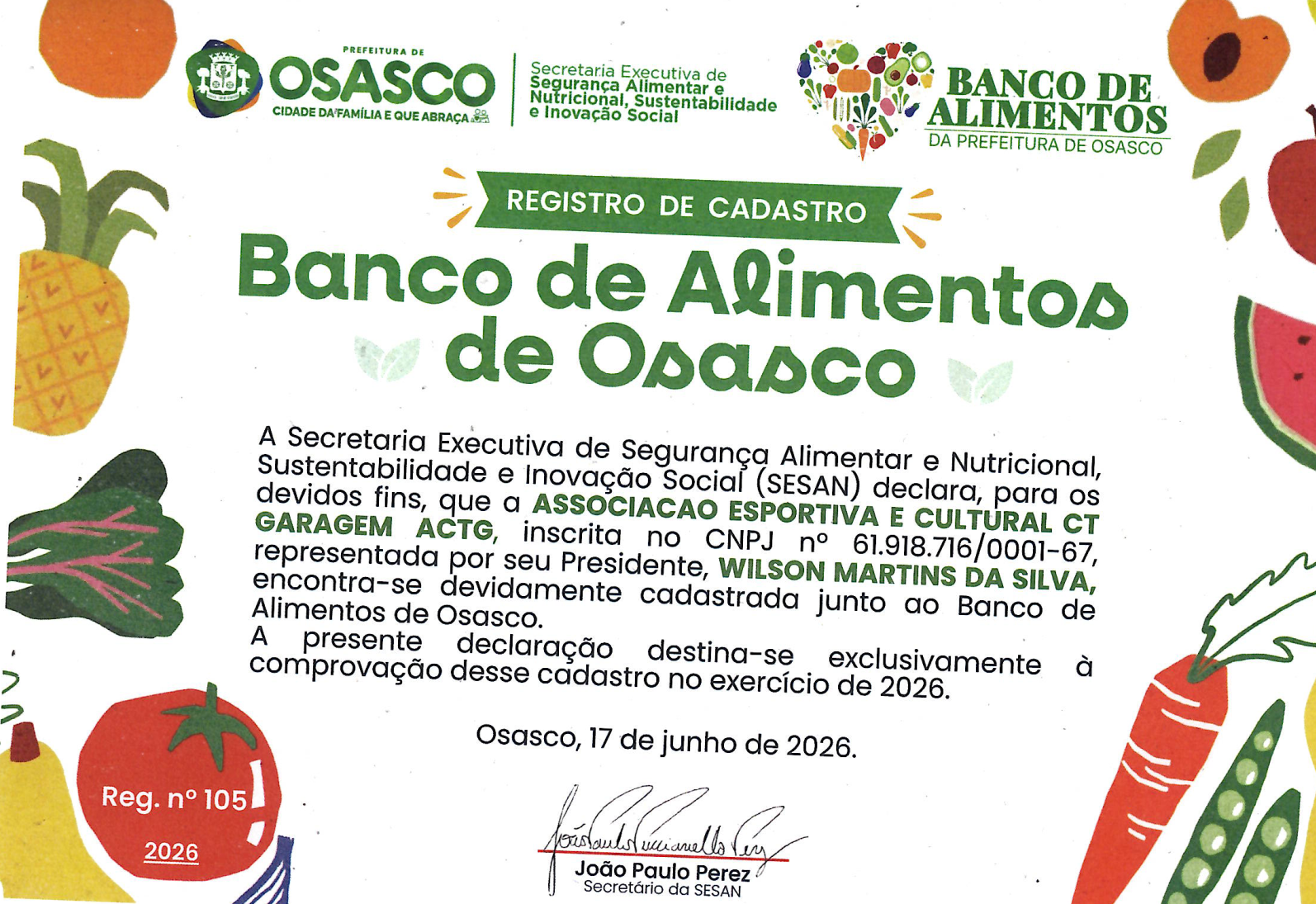 Registro de Cadastro no Banco de Alimentos de Osasco — CT GARAGEM, Reg. nº 105, exercício 2026