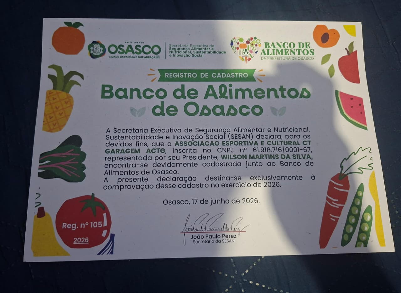 CT Garagem ACTG recebe certificado do Banco de Alimentos de Osasco e reforça compromisso com a comunidade